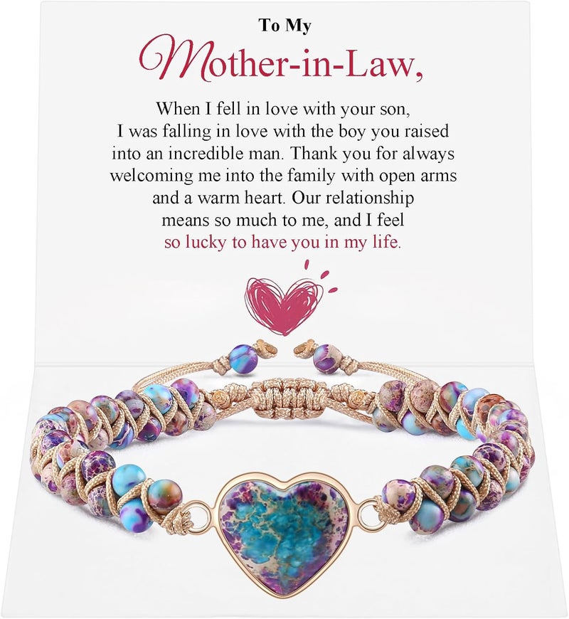 BABORI Jasper Heart Bracelet Adjustable Imperial Stone Beaded Braided Handmade Bracelet for Women Birthday Anniversary Mothers Day Christmas Graduation Jewelry Gifts for Her Mother Daughter - Image 1